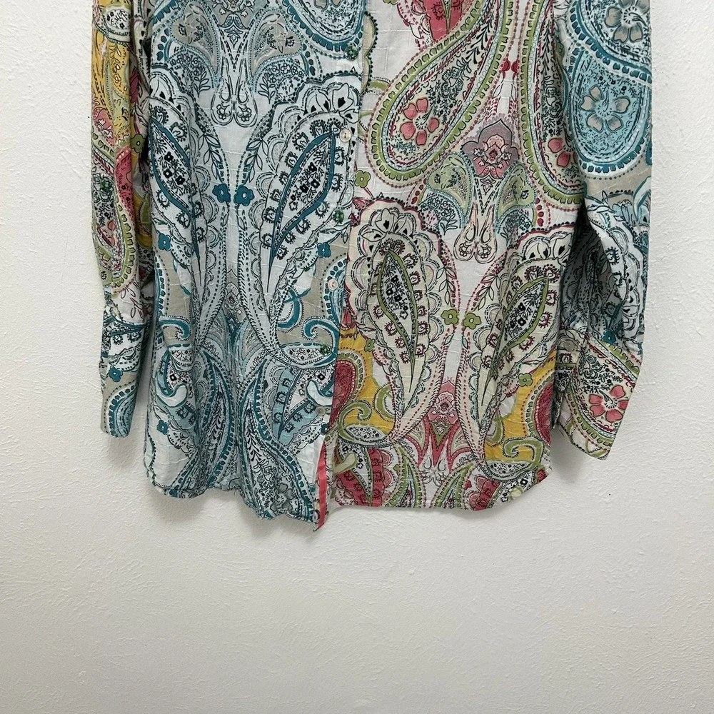 Sharon Young Top Sz M Blue‎ Colorful Artsy Abstract Floral Long Sleeve Button Up - Picture 4 of 12